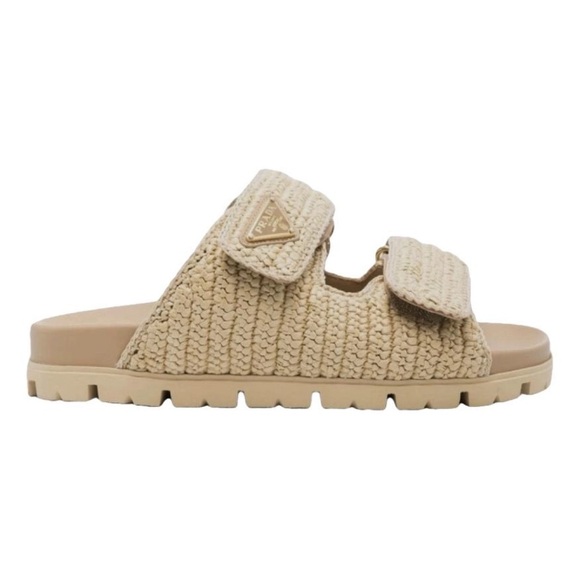 Prada Shoes - PRADA triangle logo raffia double strap leather slides sandals